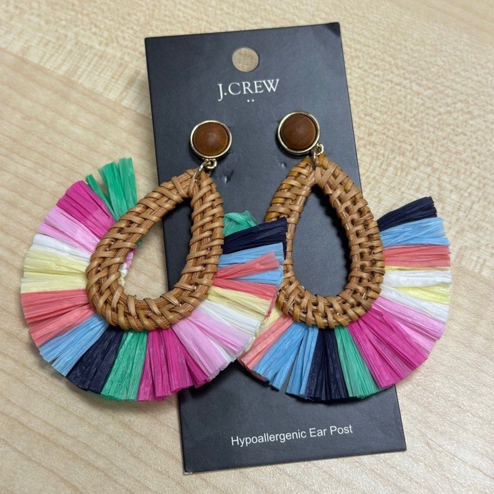J. Crew Multicolor Raffia Fringe Teardrop Earrings
